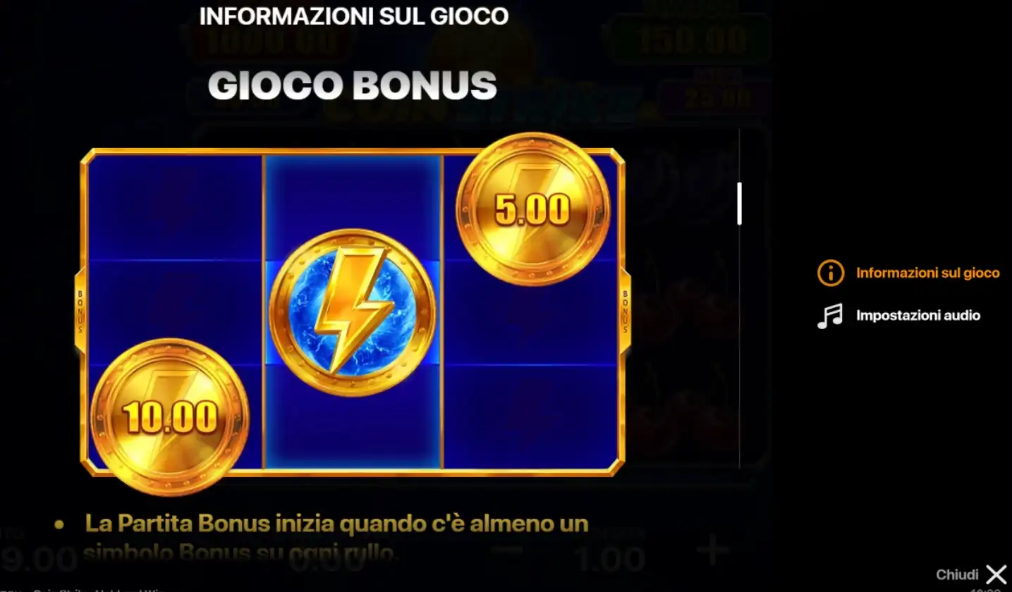 Coin Strike Hold and Win bonus game info with coin values and lightning strike feature