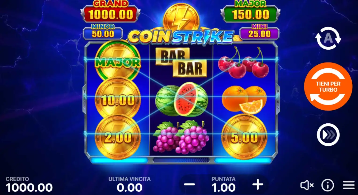 Coin Strike online slot reels displaying coin symbols, jackpots and Hold and Win feature